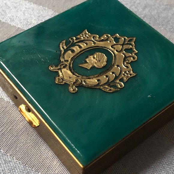 Vintage 60s Zell Fifth Avenue Square Compact - Teal and Gold tone - Picture 4 of 11